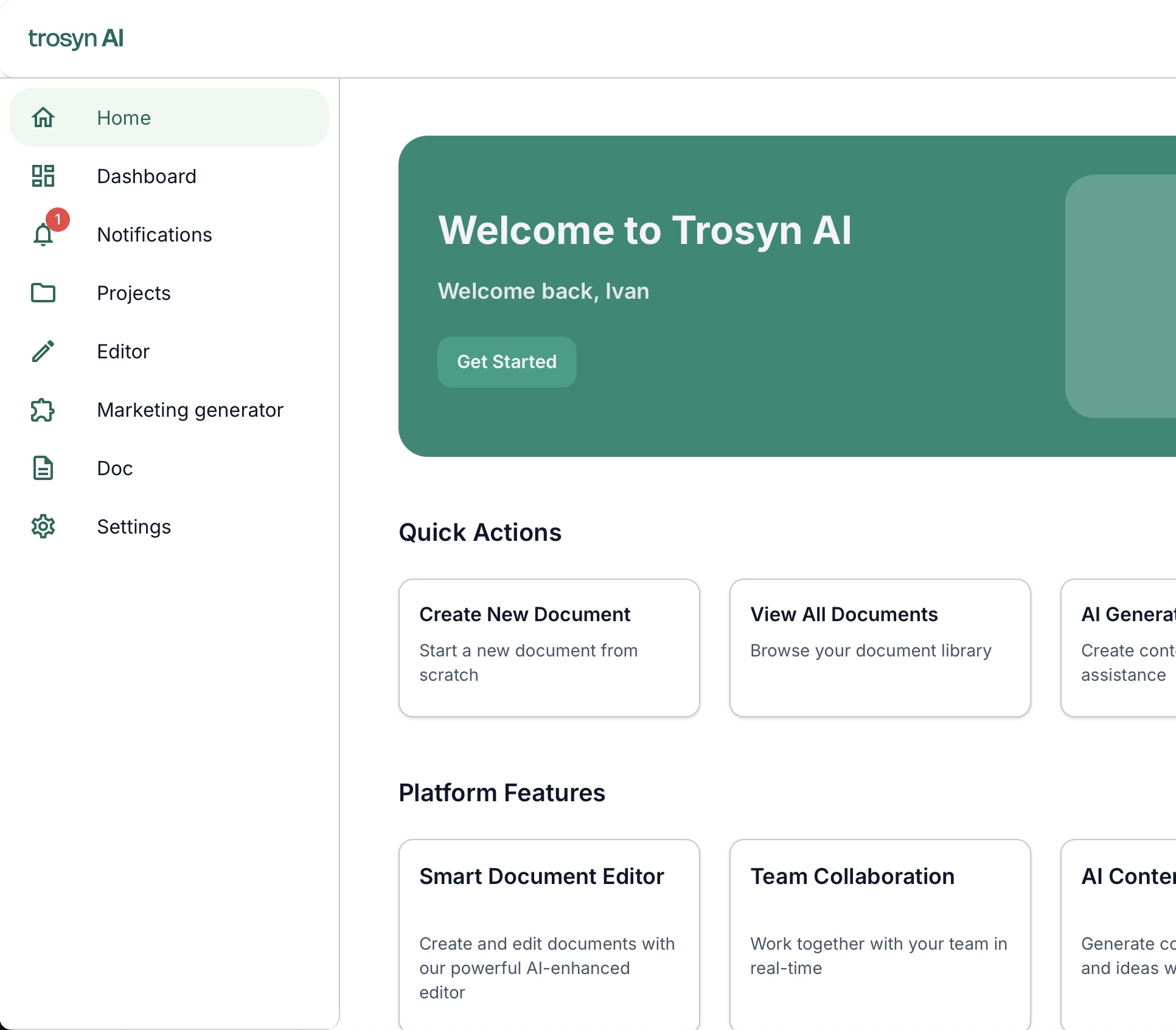 Trosyn AI app interface